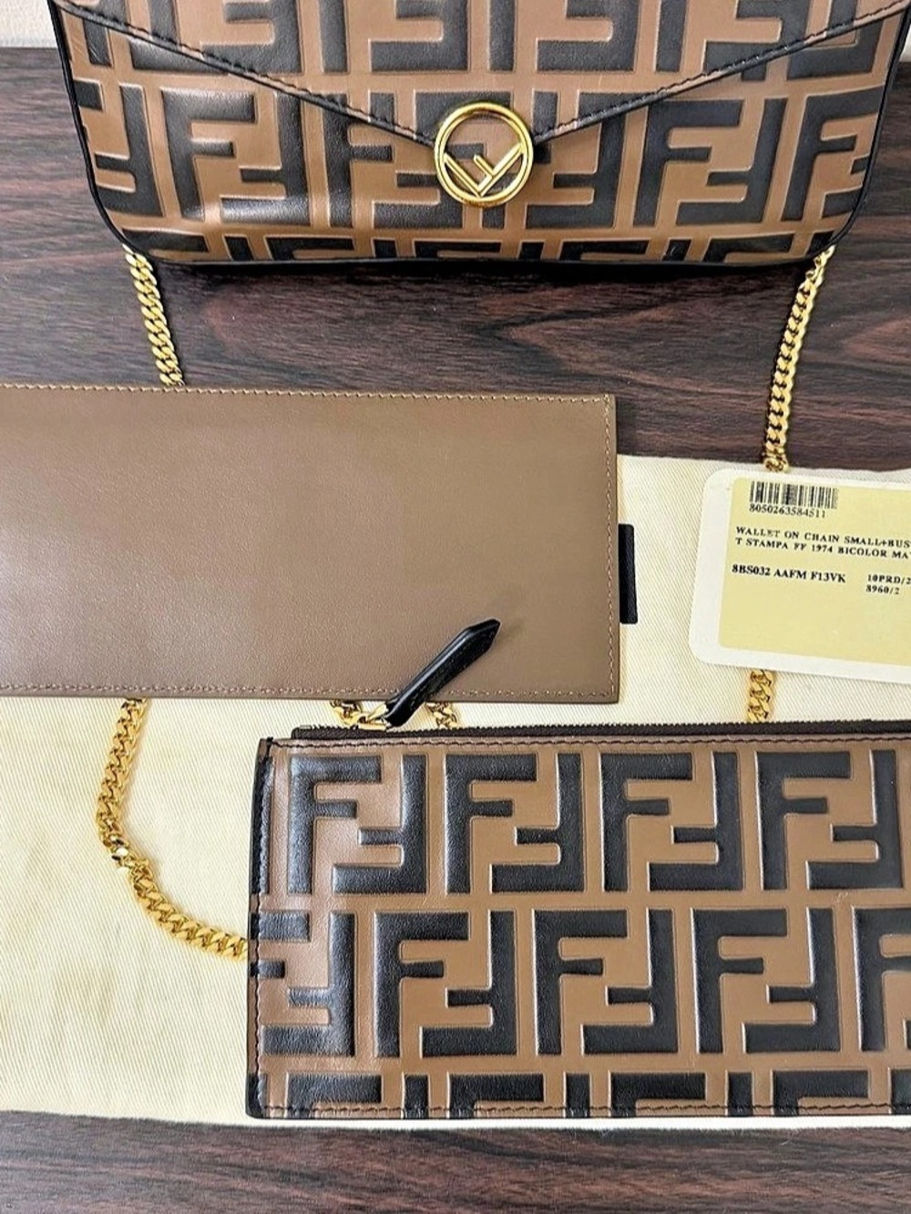 Fendi WOC FF Zucca Bicolor Leather Wallet on Chain Crossbody Bag Brown - Picture 5 of 15